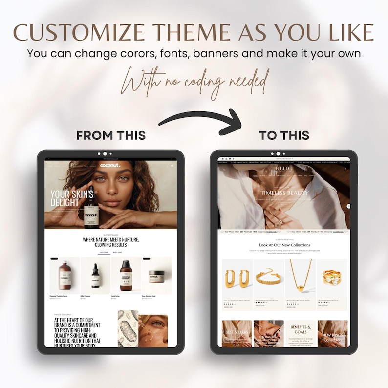 Puede incluir: Ilustraci&oacute;n digital que muestra una transformaci&oacute;n del dise&ntilde;o web de antes y despu&eacute;s en tabletas. El texto dice "Personaliza el tema como quieras" y "Sin necesidad de codificaci&oacute;n". El dise&ntilde;o "De esto" presenta productos para el cuidado de la piel, y "A esto" muestra joyas.