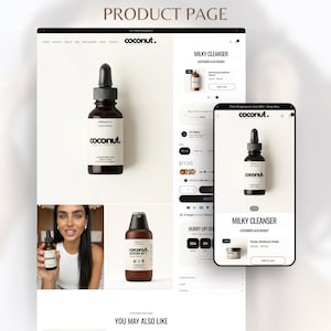 Puede incluir: Una p&aacute;gina de producto web que muestra una botella de vidrio marr&oacute;n con un cuentagotas negro, etiquetada como "coconut.". La p&aacute;gina muestra el producto "Milky Cleanser" en escritorio y m&oacute;vil, con otros productos relacionados.