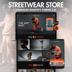 May include: A digital display of a streetwear store website theme titled Monocast, featuring a dark interface with orange accents. The layout showcases product photography of models in casual clothing, navigation menus, and a mobile view overlay.
