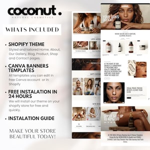 Puede incluir: Dise&ntilde;o web para "Coconut" cosm&eacute;ticos naturales, con im&aacute;genes de productos para el cuidado de la piel y modelos. El dise&ntilde;o incluye un tema Shopify, plantillas de banners Canva y un anuncio de venta. El texto incluye "Qu&eacute; est&aacute; incluido".