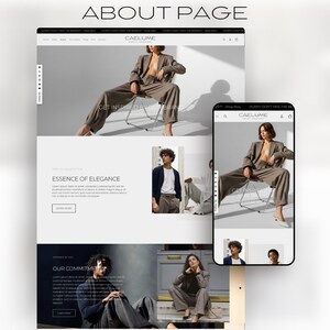 May include: A website mockup with the text "ABOUT PAGE" at the top. The website displays a woman in a brown suit, and the text "GET INSPIRED BY OUR BRAND". A smartphone shows the same website design.