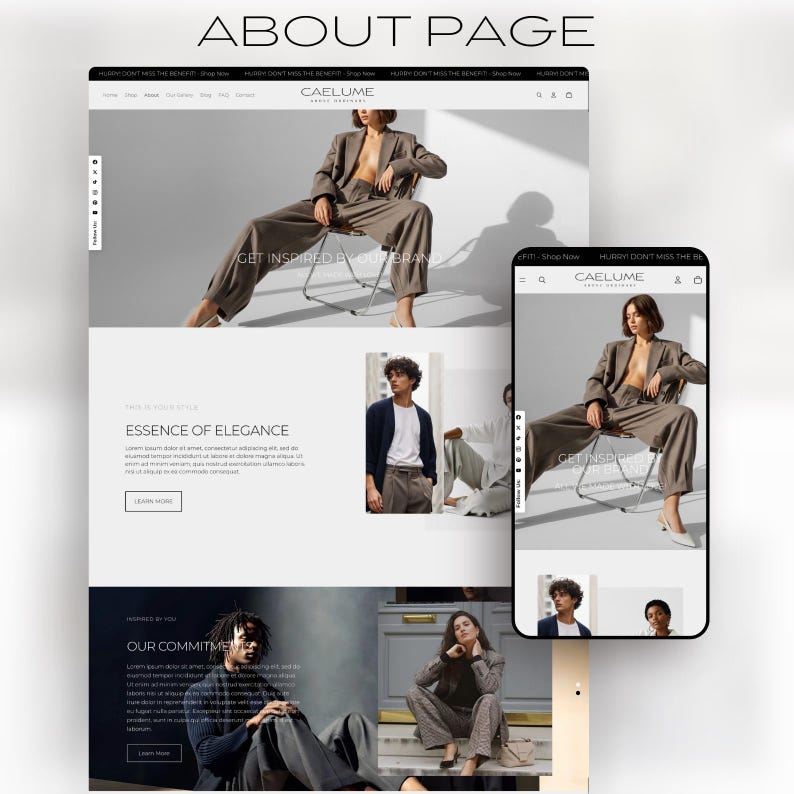 May include: A website mockup with the text "ABOUT PAGE" at the top. The website displays a woman in a brown suit, and the text "GET INSPIRED BY OUR BRAND". A smartphone shows the same website design.