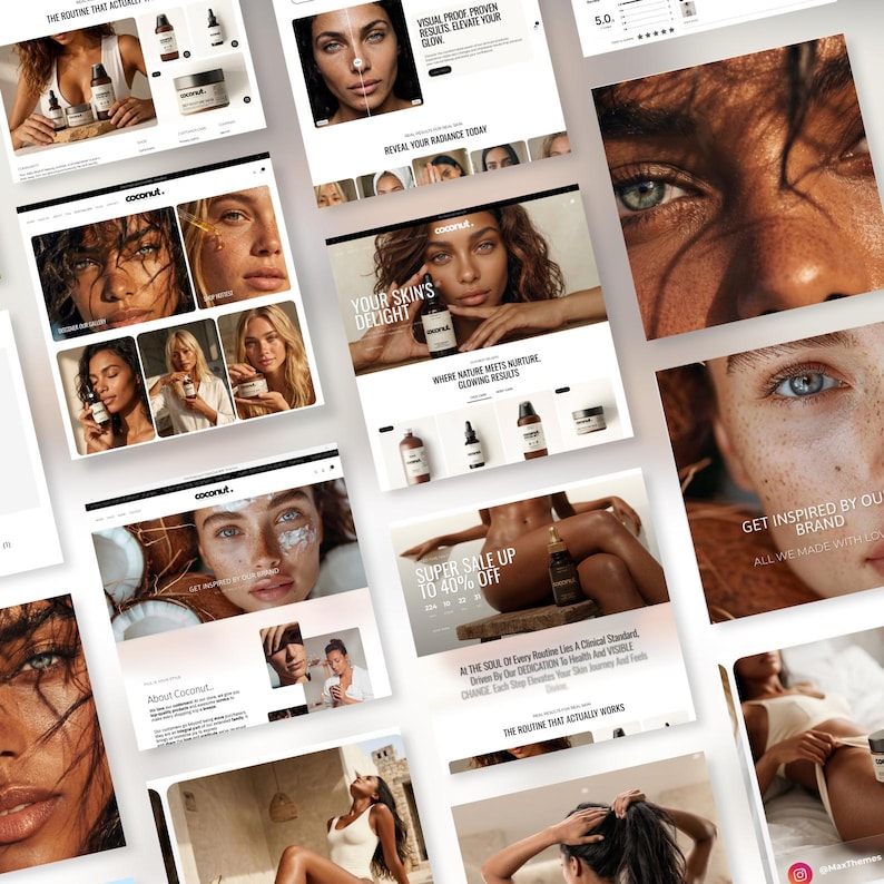 Puede incluir: Una colecci&oacute;n de maquetas de sitios web con productos de belleza y modelos. Los sitios web muestran productos para el cuidado de la piel con textos como "Your Skin's Delight" y "Super Sale Up To 40% Off". La marca "coconut." es visible en varias p&aacute;ginas.