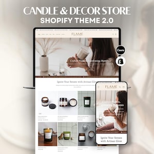 Flame Candle Shopify Theme 2.0 | Beige & White Minimal Website Template | Modern Clean Shopify Store Design + Canva Templates