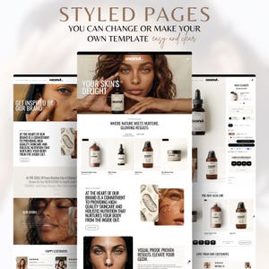Puede incluir: Una maqueta digital de un dise&ntilde;o de sitio web con el texto "STYLED PAGES" y "YOU CAN CHANGE OR MAKE YOUR OWN TEMPLATE easy and clear." El sitio web presenta productos para el cuidado de la piel con la marca "coconut."