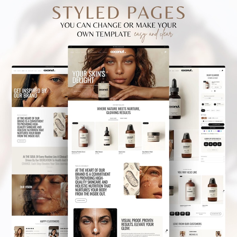 Puede incluir: Una maqueta digital de un dise&ntilde;o de sitio web con el texto "STYLED PAGES" y "YOU CAN CHANGE OR MAKE YOUR OWN TEMPLATE easy and clear." El sitio web presenta productos para el cuidado de la piel con la marca "coconut."