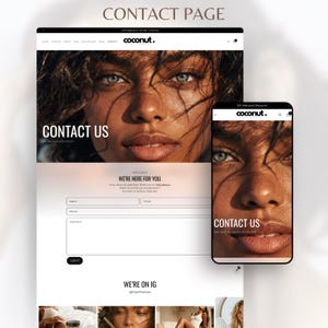Puede incluir: Un dise&ntilde;o de p&aacute;gina de contacto de sitio web con la palabra "coconut." y el texto "CONT&Aacute;CTENOS." La p&aacute;gina incluye un formulario para nombre, tel&eacute;fono, correo electr&oacute;nico y comentarios. Un tel&eacute;fono m&oacute;vil muestra la misma p&aacute;gina de contacto.