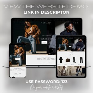May include: A digital display of a website on a laptop, tablet, and smartphone. The website features images of clothing and the text "CAELUME" and "TIMELESS BEAUTY". The text "VIEW THE WEBSITE DEMO LINK IN DESCRIPTON" and "USE PASSWORD: 123" are also visible.