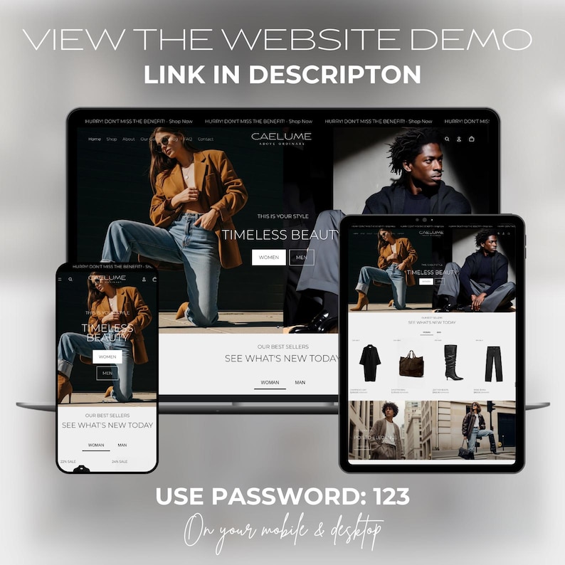 May include: A digital display of a website on a laptop, tablet, and smartphone. The website features images of clothing and the text "CAELUME" and "TIMELESS BEAUTY". The text "VIEW THE WEBSITE DEMO LINK IN DESCRIPTON" and "USE PASSWORD: 123" are also visible.
