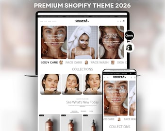 Tema de Shopify 2.0 para el cuidado de la piel limpio / Plantilla de sitio web minimalista blanca / Diseño de Shopify para tienda de belleza moderna + Plantillas editables de Canva