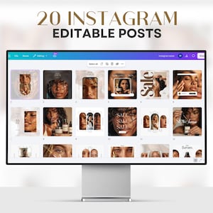 Puede incluir: Un monitor de computadora muestra 20 plantillas de publicaciones de Instagram editables. Las plantillas presentan im&aacute;genes de personas, productos de belleza y las palabras "SALE" y "NEW SERUM". La parte superior de la pantalla dice "20 INSTAGRAM EDITABLE POSTS".
