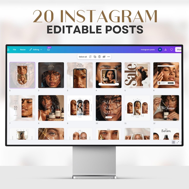 Puede incluir: Un monitor de computadora muestra 20 plantillas de publicaciones de Instagram editables. Las plantillas presentan im&aacute;genes de personas, productos de belleza y las palabras "SALE" y "NEW SERUM". La parte superior de la pantalla dice "20 INSTAGRAM EDITABLE POSTS".