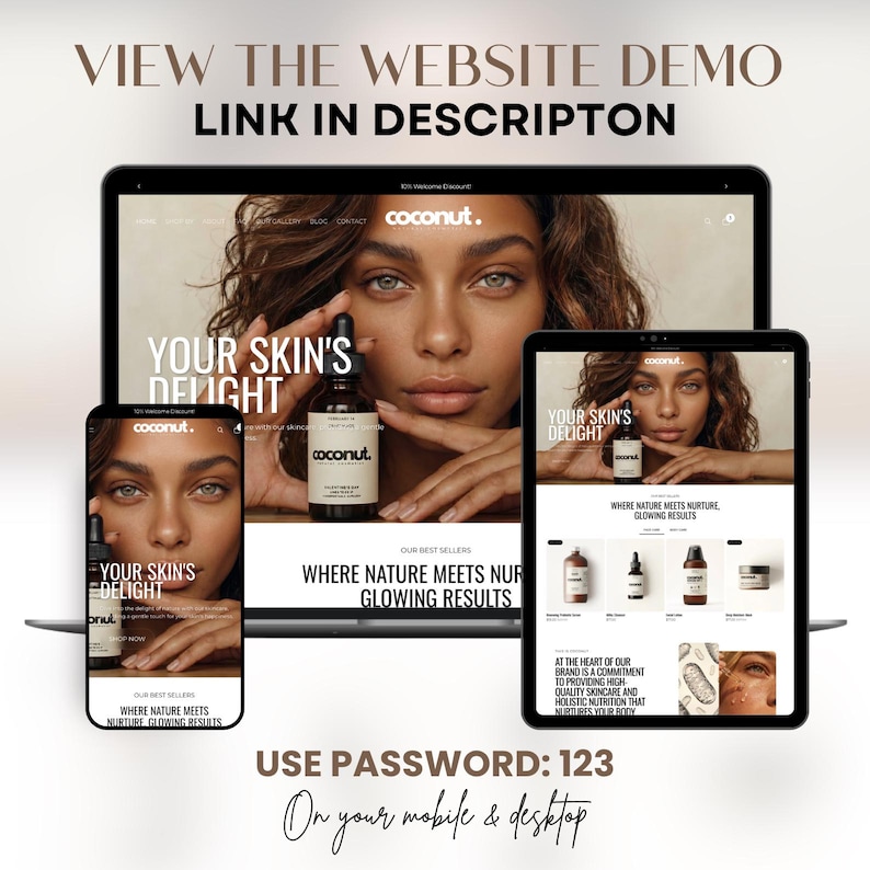 Puede incluir: Una maqueta digital de un sitio web de cuidado de la piel, que se muestra en una computadora port&aacute;til, una tableta y un tel&eacute;fono inteligente. El sitio web presenta a una mujer y botellas de productos. El texto incluye "Your Skin's Delight" y "Where Nature Meets Nurture Glowing Results."