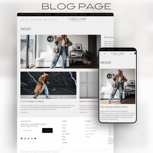May include: A website mockup with the text "BLOG PAGE" at the top. The design features a desktop and mobile view, showcasing articles with images and text. The website's name is "CAELUME". The mobile view displays the article "The Artistry of Adornment".