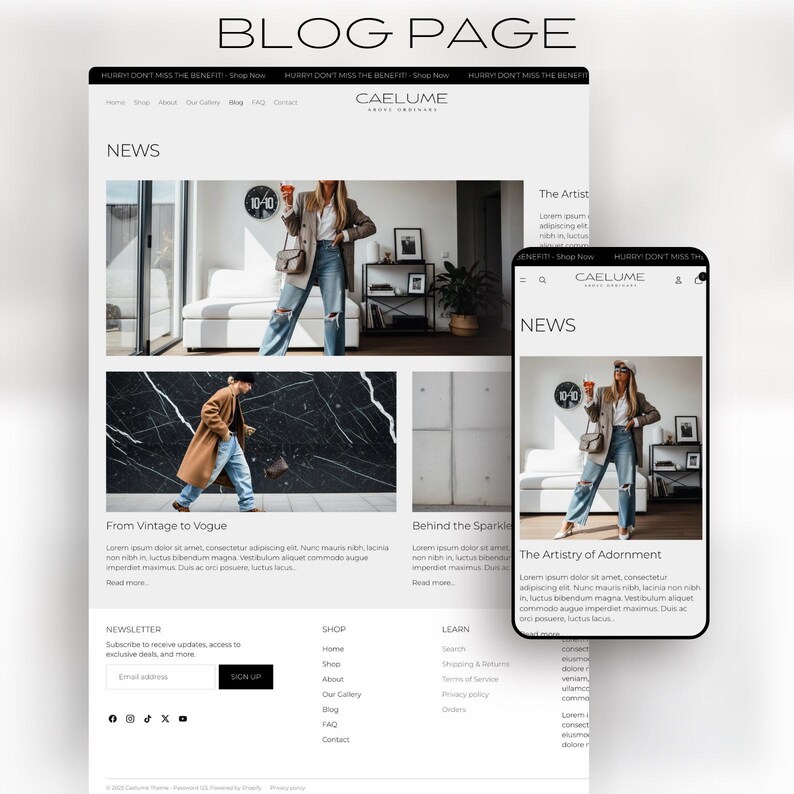 May include: A website mockup with the text "BLOG PAGE" at the top. The design features a desktop and mobile view, showcasing articles with images and text. The website's name is "CAELUME". The mobile view displays the article "The Artistry of Adornment".