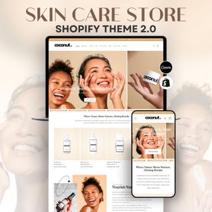 Coconut Skincare Shopify Theme: Minimalist Design, Editable Canva Templates, Free Installation Included
