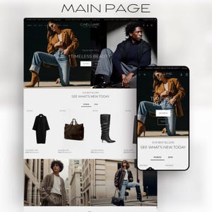 May include: A website main page with the text "MAIN PAGE" at the top. The website features images of clothing and accessories, including a coat, shopper bag, and leather boots. The text "TIMELESS BEAUTY" and "SEE WHAT'S NEW TODAY" are also visible.