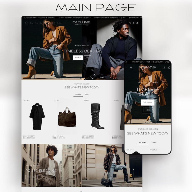 May include: A website main page with the text "MAIN PAGE" at the top. The website features images of clothing and accessories, including a coat, shopper bag, and leather boots. The text "TIMELESS BEAUTY" and "SEE WHAT'S NEW TODAY" are also visible.