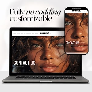 Puede incluir: Un port&aacute;til y un smartphone muestran un sitio web con el texto "coconut." y "CONT&Aacute;CTENOS." El sitio web presenta un primer plano de un rostro con ojos verdes. La frase "Totalmente sin codificaci&oacute;n personalizable" est&aacute; en la parte superior.