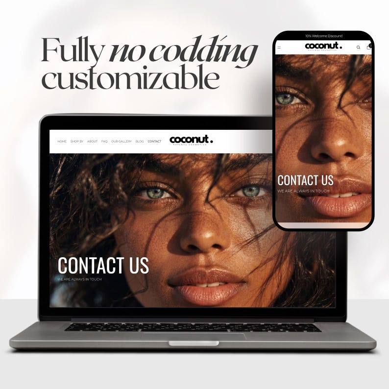 Puede incluir: Un port&aacute;til y un smartphone muestran un sitio web con el texto "coconut." y "CONT&Aacute;CTENOS." El sitio web presenta un primer plano de un rostro con ojos verdes. La frase "Totalmente sin codificaci&oacute;n personalizable" est&aacute; en la parte superior.