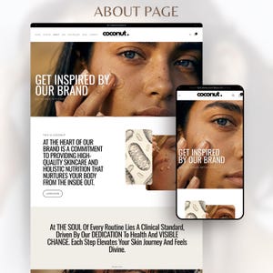 Puede incluir: Dise&ntilde;o de sitio web para una marca de cuidado de la piel, que se muestra en un ordenador de sobremesa y un dispositivo m&oacute;vil. El dise&ntilde;o incluye el nombre de la marca "coconut." y el lema "Get Inspired By Our Brand". El texto de la p&aacute;gina Acerca de detalla el compromiso de la marca.
