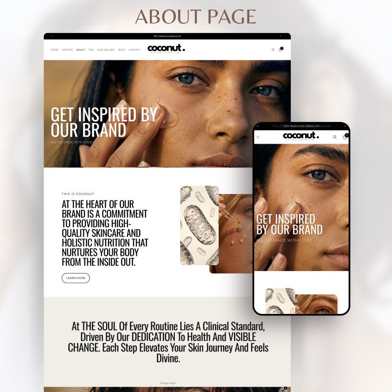 Puede incluir: Dise&ntilde;o de sitio web para una marca de cuidado de la piel, que se muestra en un ordenador de sobremesa y un dispositivo m&oacute;vil. El dise&ntilde;o incluye el nombre de la marca "coconut." y el lema "Get Inspired By Our Brand". El texto de la p&aacute;gina Acerca de detalla el compromiso de la marca.