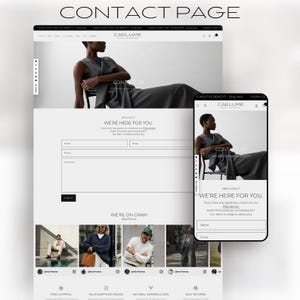 May include: A website contact page design with the text "CONTACT PAGE" at the top. The website features a minimalist design with the brand name "CAELUME" and a contact form. A mobile phone displays the same contact page.