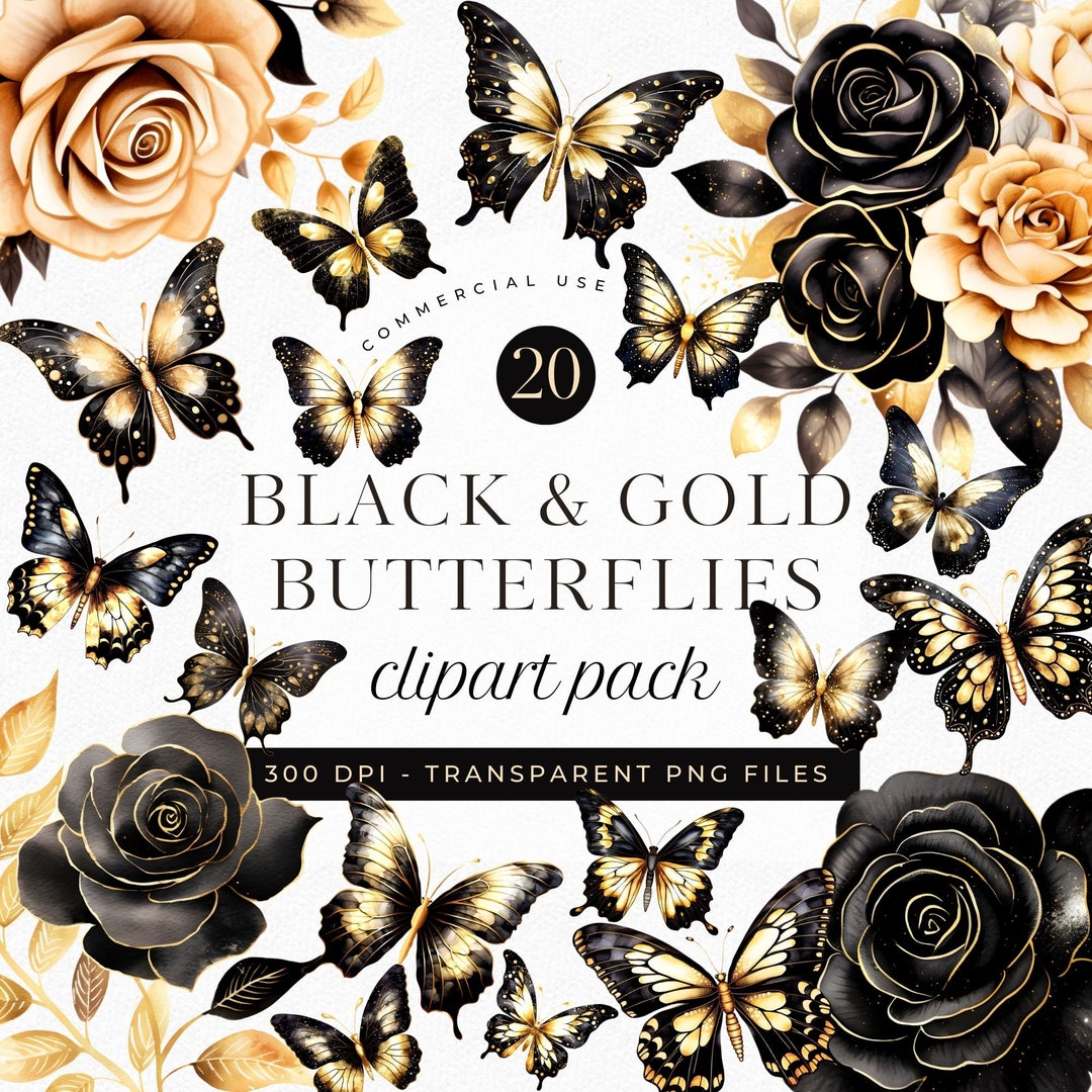 Elegant Black Gold Butterfly and Roses Flower Clipart PNG Watercolor ...
