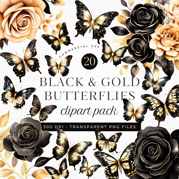 Elegant Black Gold Butterfly and Roses Flower Clipart PNG Watercolor Butterfly Clipart, Black Gold Rose Bouquet, Commercial Use