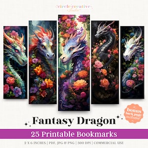 ドラゴンの印刷可能なブックマークバンドルファンタジー25 PNGブックマーク昇華、ドラゴン愛好家のための水彩花のブックマーク、商用利用