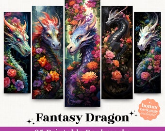 Fantasy Dragon Bookmarks: Watercolor Floral PNG (Digital Download)