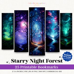25 Fantasy Starry Night Forest Printable Bookmarks Bundle, PNG Bookmark Sublimation, Silhouette Print And Cut Bookmark Set, Commercial Use