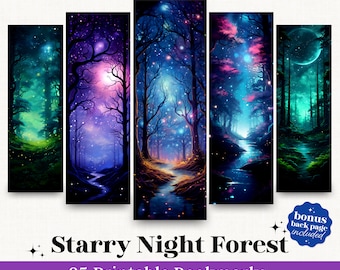 Fantasy Starry Night Forest Bookmarks: 25 PNG Printable Designs (Commercial Use)
