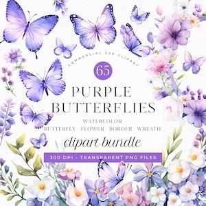 Purple Butterfly Clipart Bundle PNG Watercolor Flowers Clipart, Transparent Background, Lilac Flower Border, Violet Flower Wreath