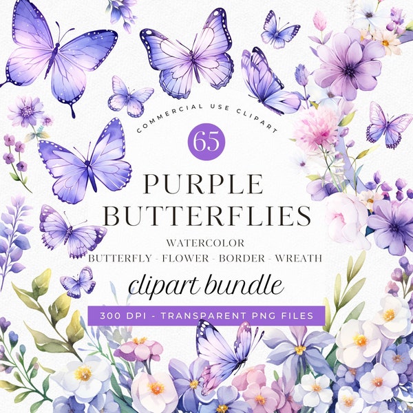 Purple Butterfly Clipart Bundle PNG Watercolor Flowers Clipart, Transparent Background, Lilac Flower Border, Violet Flower Wreath