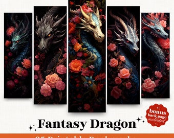 Fantasy Dragon Bookmark PNG Bundle: Gothic Floral Printable (Commercial Use)