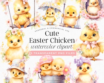 Cute Easter Chicken Png Clipart, Watercolor Baby Chick Spring Clipart, Happy Easter Chicken Png Sublimation Design, Commercial Use