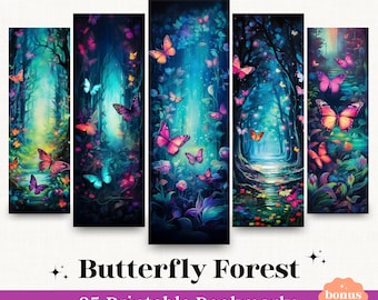 Butterfly Forest Printable Bookmarks Bundle Fantasy 25 PNG Bookmark Sublimation, Magical Forest Watercolor Bookmark, Commercial Use License