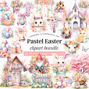 Pastel Easter Clipart Bundle, Watercolor Easter Egg, Cute Easter Bunny ...
