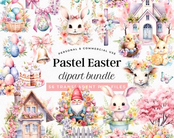 Paquete de imágenes prediseñadas de Pascua en tonos pastel: Conejito de acuarela, huevos y flores (descarga digital PNG)