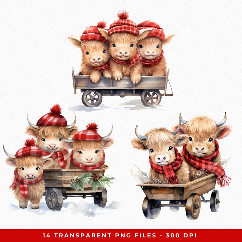 Watercolor Christmas Highland Cow Clipart: Festive Nursery PNG (digital ...