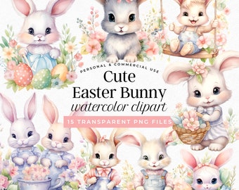 Watercolor Easter Bunny Clipart: Floral Spring PNG Bundle (Digital Download)