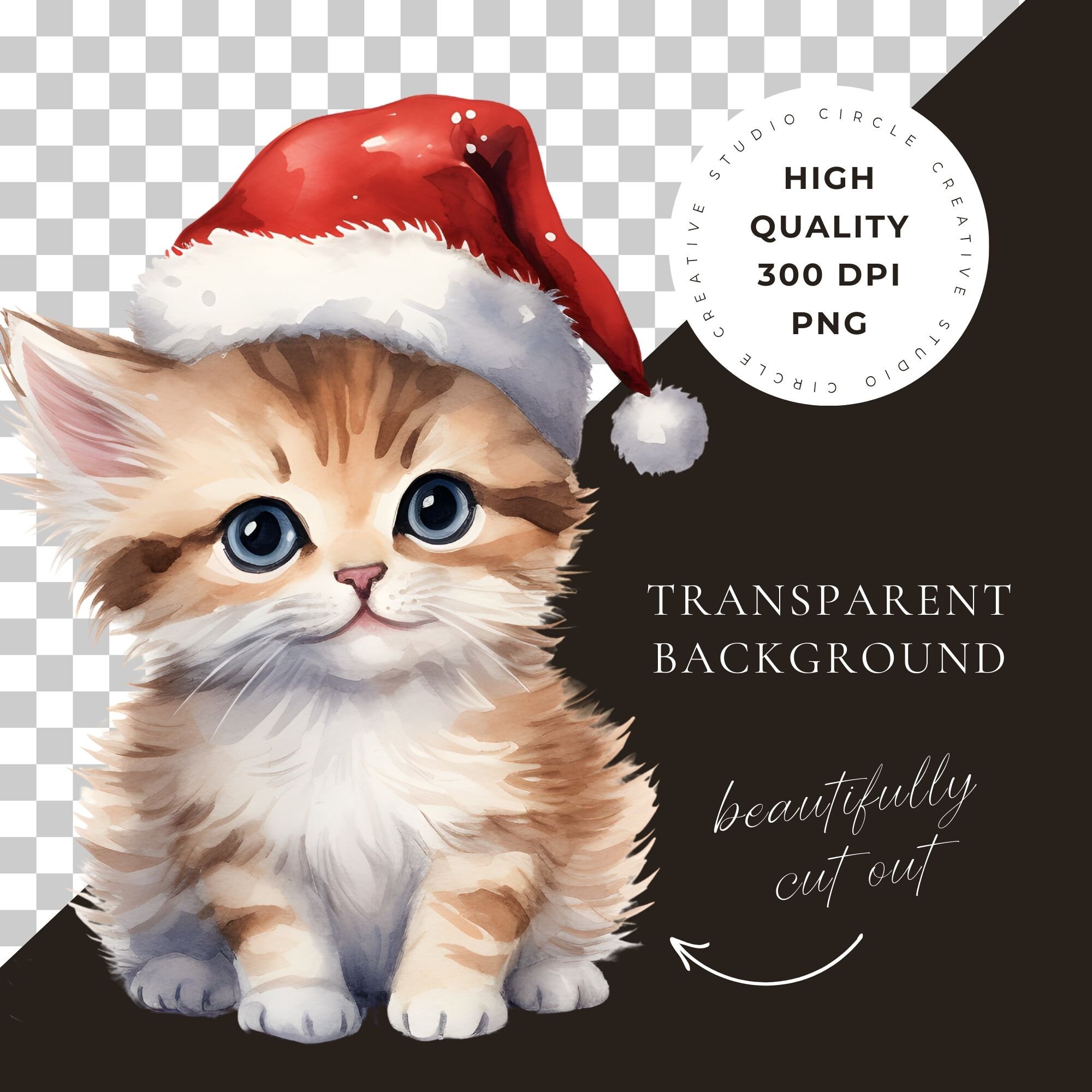 Watercolor Christmas Kitten Clipart: Holiday Cat PNG (commercial Use ...