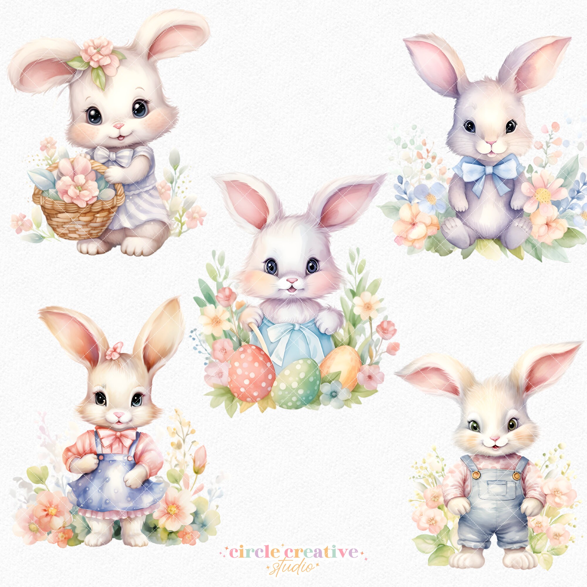 Watercolor Easter Bunny Clipart: Floral Spring PNG Bundle (digital ...