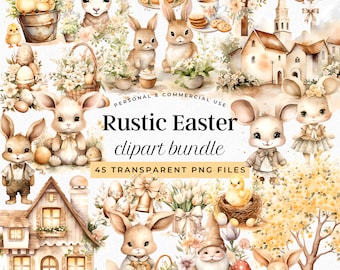 Aquarell Ostern Clipart Bundle: Rustikaler Hase, Ostereier, Wichtel (PNG Digital Download)