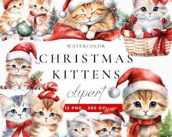 Watercolor Christmas Kitten Clipart: Holiday Cat PNG (Commercial Use)