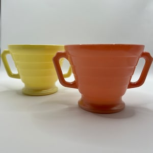 Hazel Atlas Pink and Yellow Modertone Platonite Sugar Bowls, 1940s