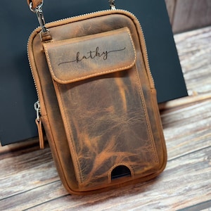 Personalized Leather Crossbody Phone Wallet for Women with Gift Box, Minimalist Bag, Anniversary Gift for Her, Full Grain Leather Purse