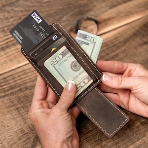 Personalized Leather Magnetic Money Clip, Small Front Pocket Card Holder, Christmas Gift for Him, Slim Wallet with Money Clip image 2