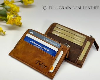 Slim Wallet with zipper for Women, Personalized gift for Mom, Leather Card Holder, Engraved Small Leather Wallet, Custom Mini Coin Wallet